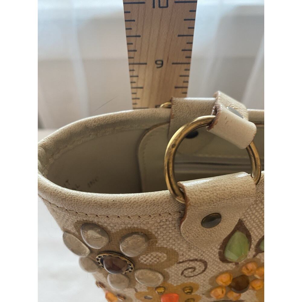 VTG Collin MCM Purse Handbag Flower Canvas Blossoms-Bright Wood Bottom READ - Picture 6 of 16
